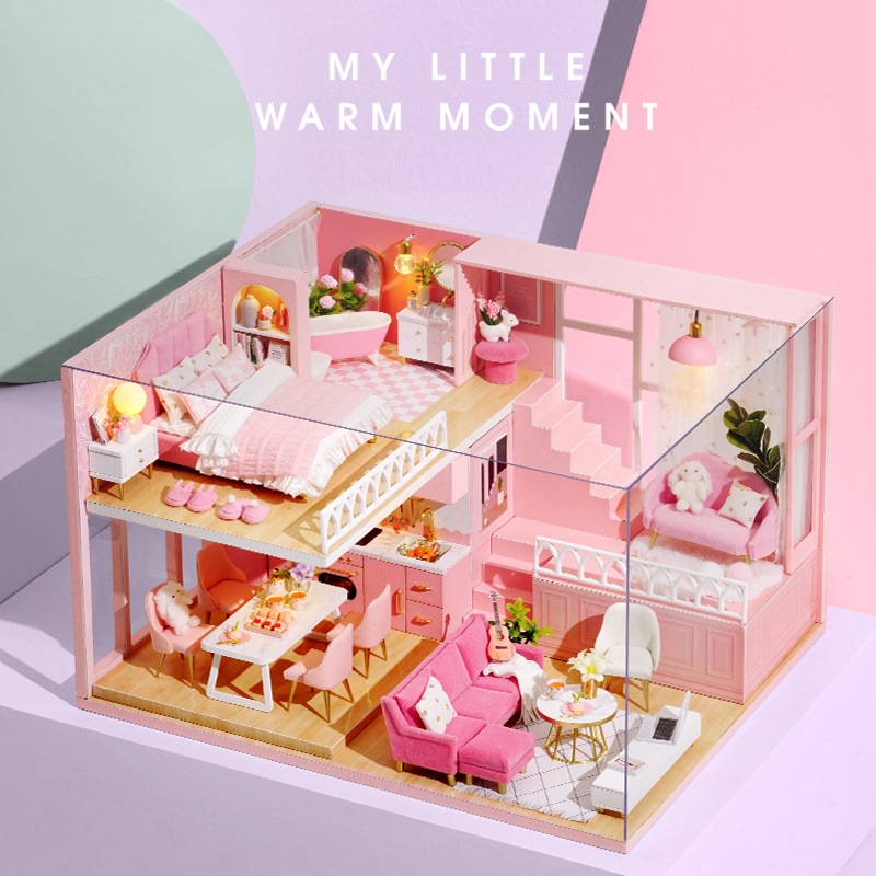 Bộ sản phẩm nhà búp bê tự làm mô hình DIY dollhouse nhiều mẫu- CÓ KEO + MICA CHE BỤI