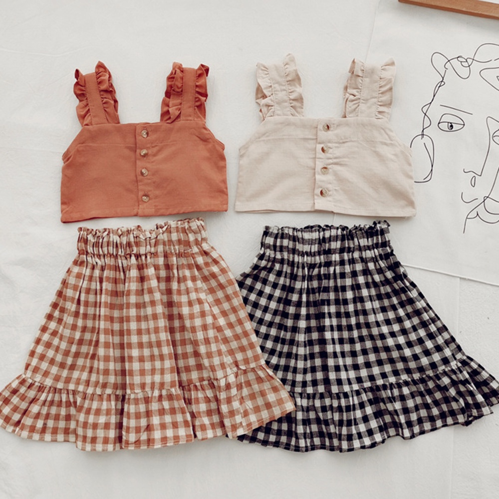Set Đồ Mùa Hè 2 Món Gồm Áo Hai Dây Kẻ Sọc Caro + Chân Váy Thời Trang Cho Bé Gái