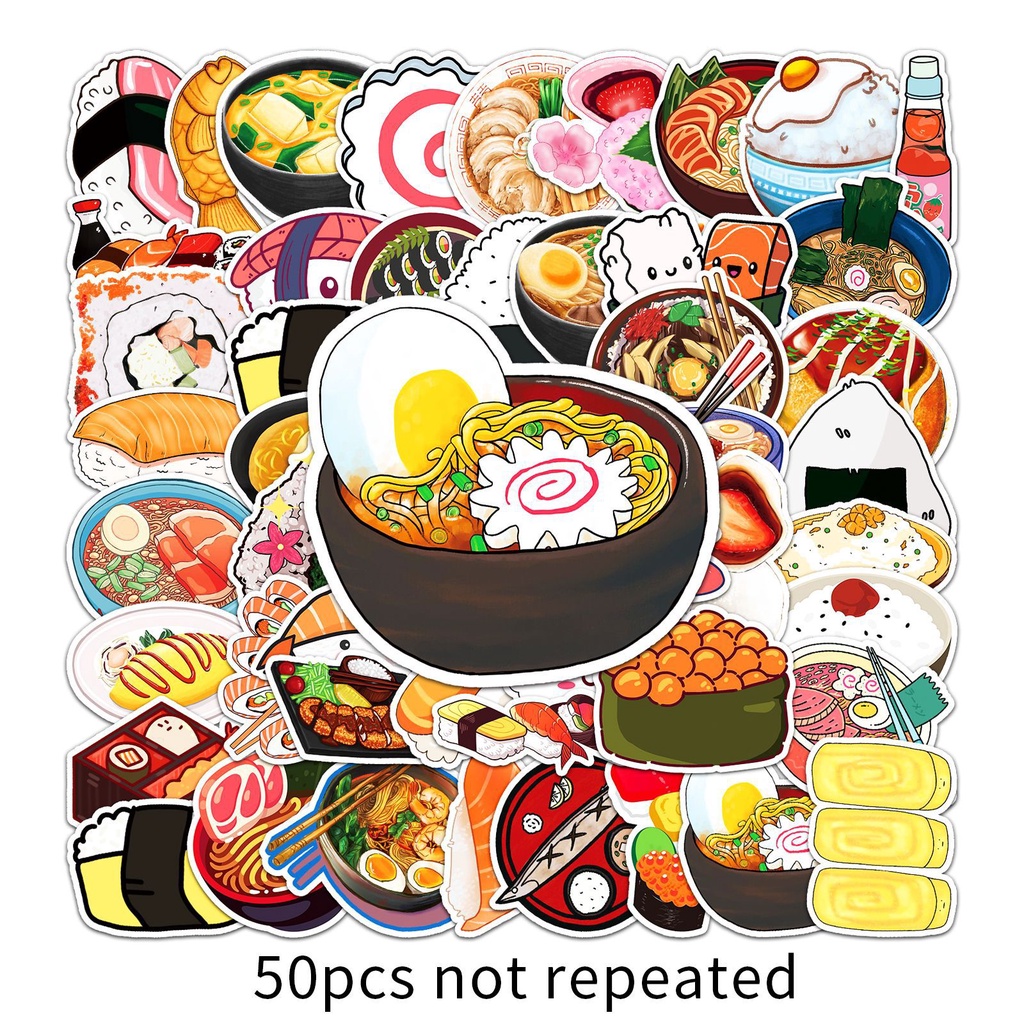 Combo 30 Sticker Chống Nước Decal Dán Điện Thoại Laptop Mũ Bảo Hiểm Vali Guitar Bình Nước Sổ Tay [SUSHI WASABI FOOD]