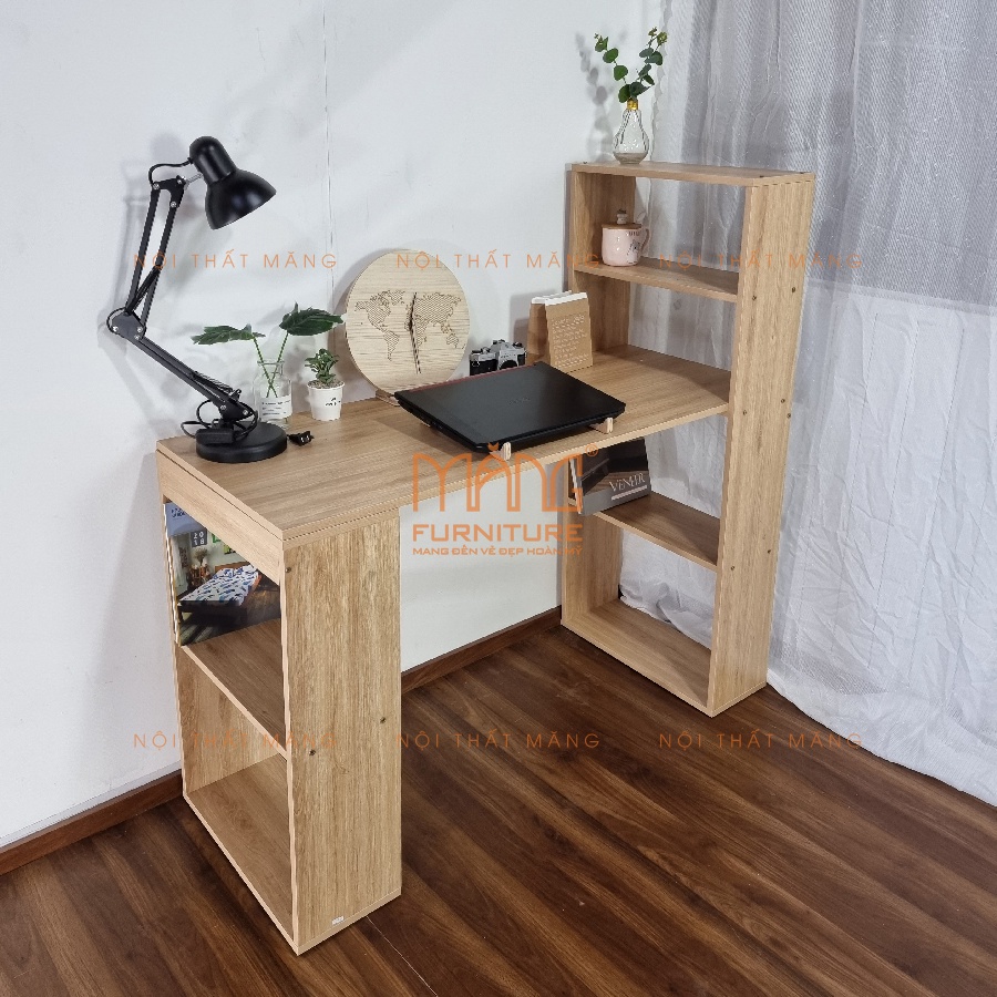 bàn làm việc gỗ kết hợp kệ sách, dùng học bài, để máy tính cho học sinh, sinh viên giá rẻ mẫu blv16