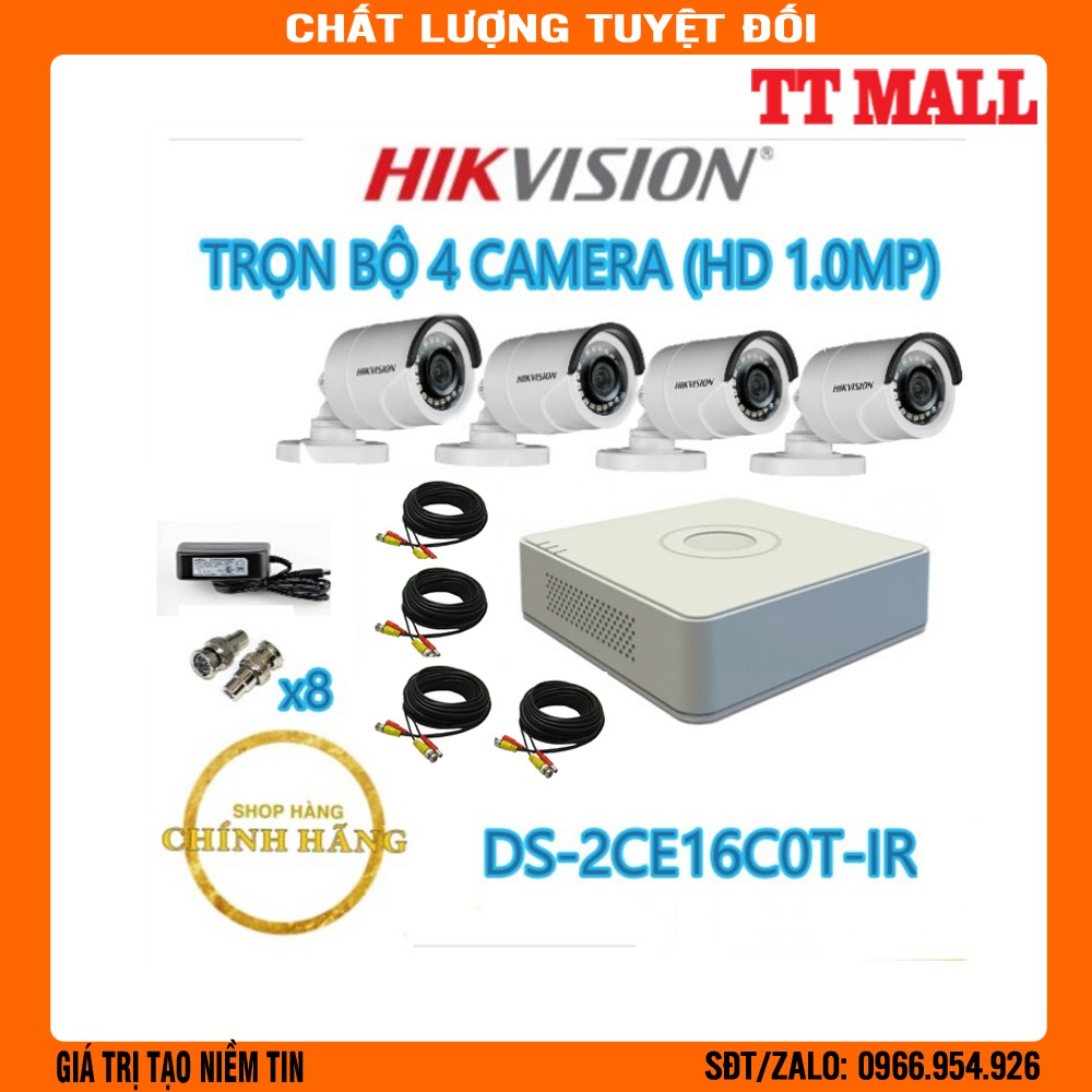 Trọn bộ 4 camera HIKVISION 720P DS-2CE16COT-IR Vỏ sắt Tặng kèm ổ cứng 500G + phụ kiện + Dây liền nguồn đúc sẵn tùy chọn