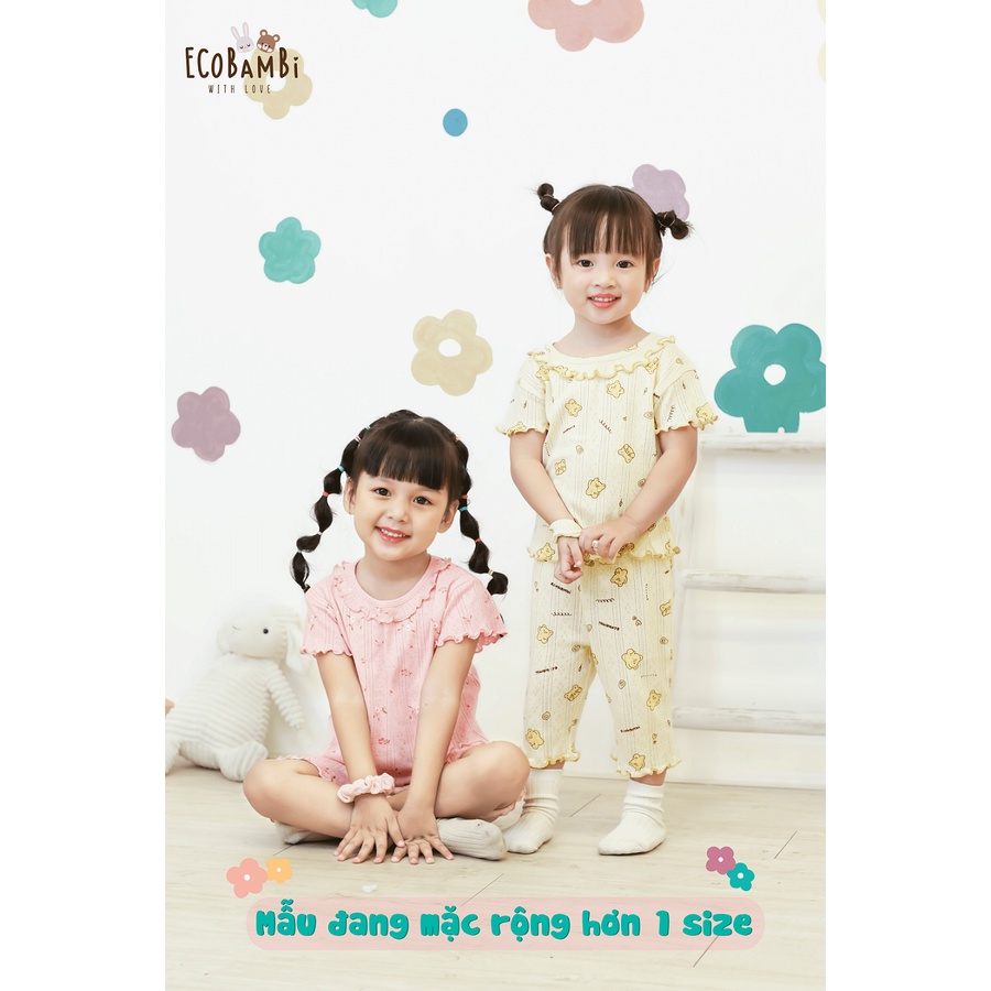 Bộ cotton thun Hàn bé gái tay ngắn, QUẦN LỬNG kiểu dệt jacquard hoa nhí Ecobambi