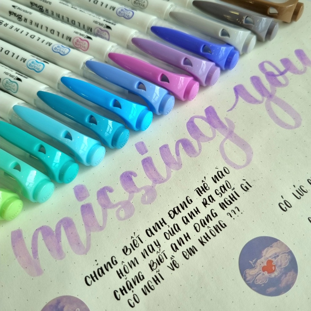 Bút Brush 2 đầu Zebra Mildliner viết calligraphy màu pastel bullet journal hàng chính hãng Nhật Bản