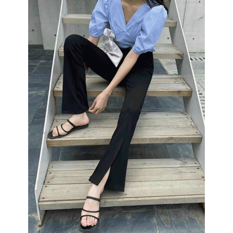 Quần ống loe xẻ gấu trước cạp cao tôn dáng màu đen - Quần tây ống loe lưng cao xẻ tà ống vẩy cá-mã 8009