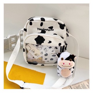{SP mới - sẵn} -  Túi Bò Sữa - Túi Vải đeo chéo Canvas Nam Nữ Phong cách Hàn Quốc in bò sữa trong suốt bóng kính