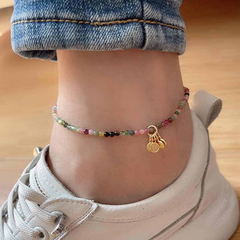 Lắc Chân Hạt Đá Tourmaline Nhỏ Nhắn Tươi Mới Với Hạt Sáp Ong Nhỏ Hoặc Phụ Kiện Hòa Bình