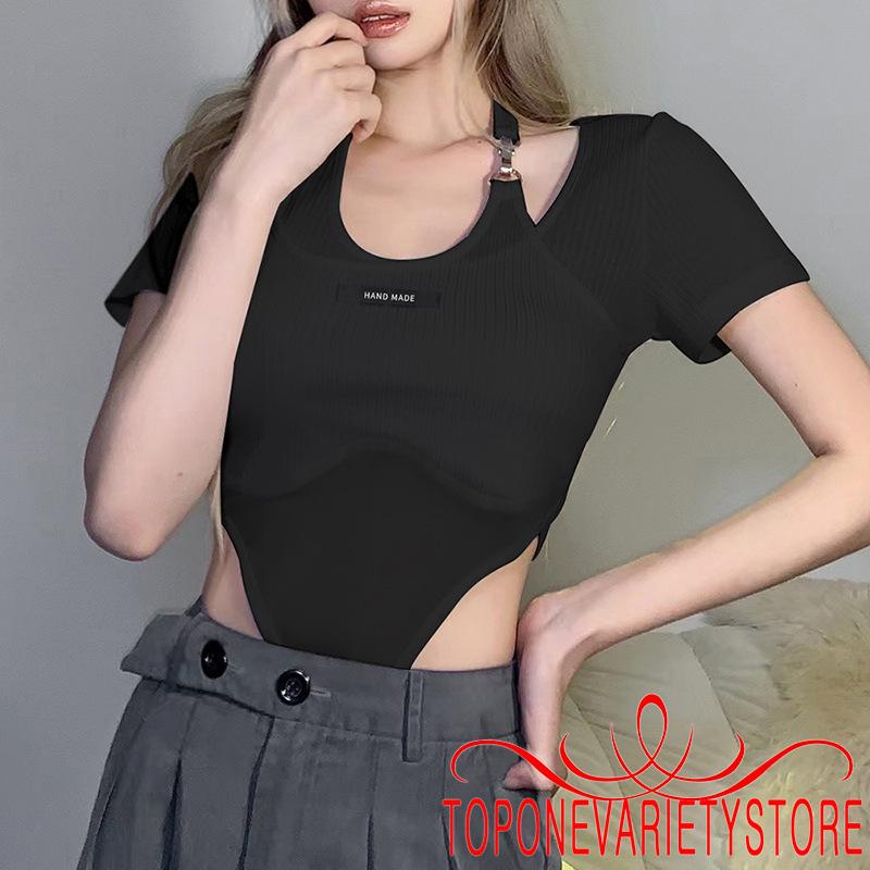 TOPQ-Women Short Sleeve Korean Style Bodysuit with Halter Buckle Letter Pattern Skinny Version Summer Clothing | BigBuy360 - bigbuy360.vn