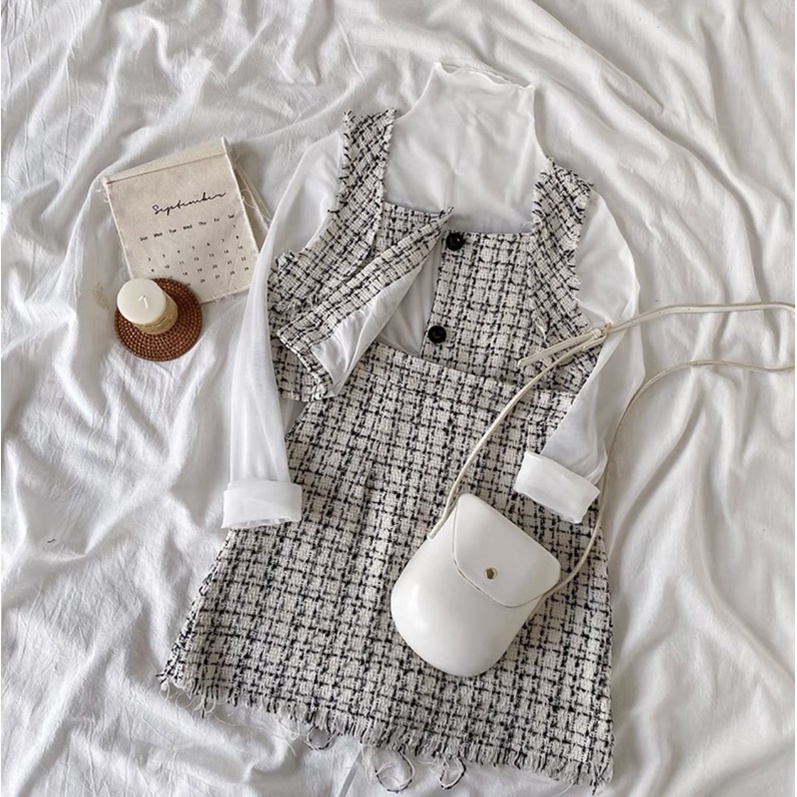 S5 Set Dạ Tweed Áo Sát Nách Không Tay Và Chân Váy Chữ A Dễ Phối Đồ