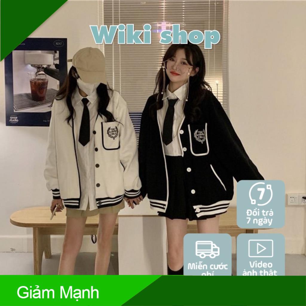 (Giảm Mạnh) Áo khoác nỉ bóng chày unisex Wikishop màu đen trắng form rộng ulzzang cá tính nam nữ C494