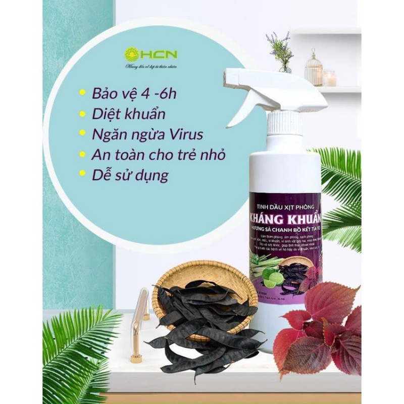 Xịt phòng thơm tinh dầu kháng khuẩn hương tía tô, xả, chanh bạc hà ngải cứu chai 500ml Xiaomimi 4545hndd