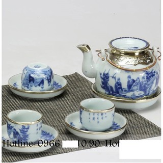 Bộ ấm chén vung lõm bọc đồng - vẽ trúc lâm thất hiền BÁT TRÀNG CHÍNH HIỆU