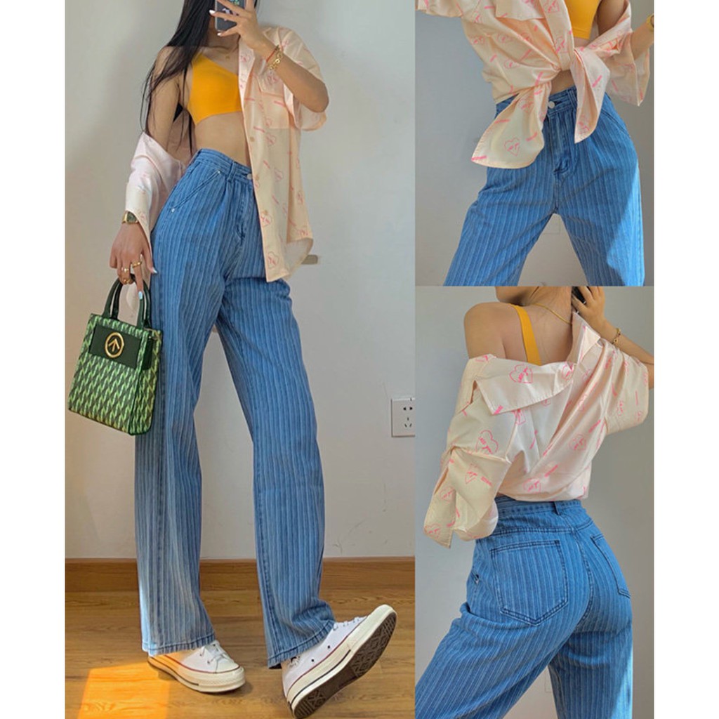 Quần jean ống suông kẻ sọc phong cách retro  thời trang