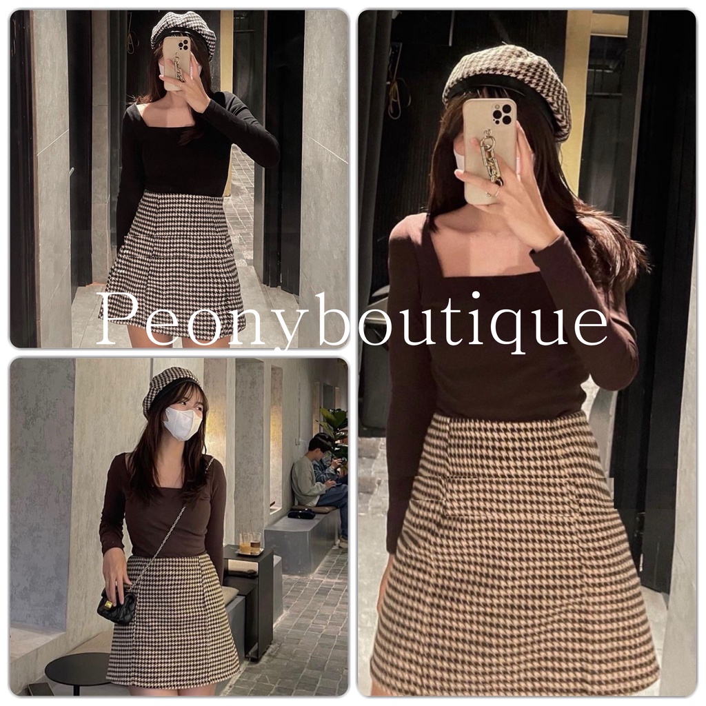 🌸 Bộ đồ chân váy 3d kèm áo thun cổ vuông dài tay và mũ nồi bánh bèo Ulzzang 🌸