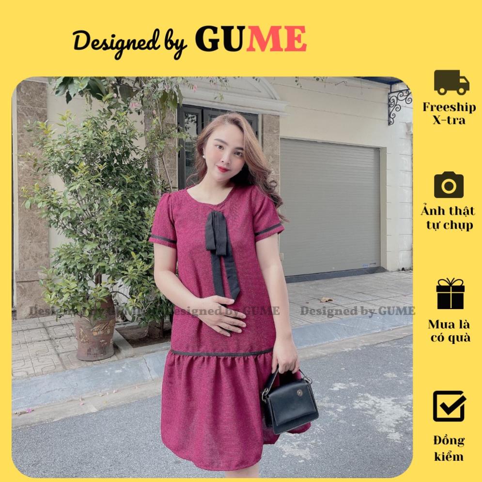 Đầm Bầu Công Sở - Váy Bầu GUME màu đỏ dáng Đuôi Cá Cổ Nơ đen chất vải dạ cao cấp 2 lớp size từ 40-100kg - MB 102 FFX