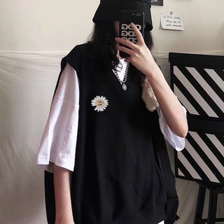 Mới -  SET TANKTOP : ÁO GILE BÔNG HOA TIA CHỚP ĐEN MIX ÁO PHÔNG CRT TRẮNG ULZZANG