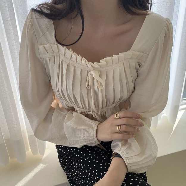 Set Áo Sơ Mi Cổ Vuông Tay Dài + Chân Váy Lưng Cao Họa Tiết Chấm Bi Thời Trang Cho Nữ 35924