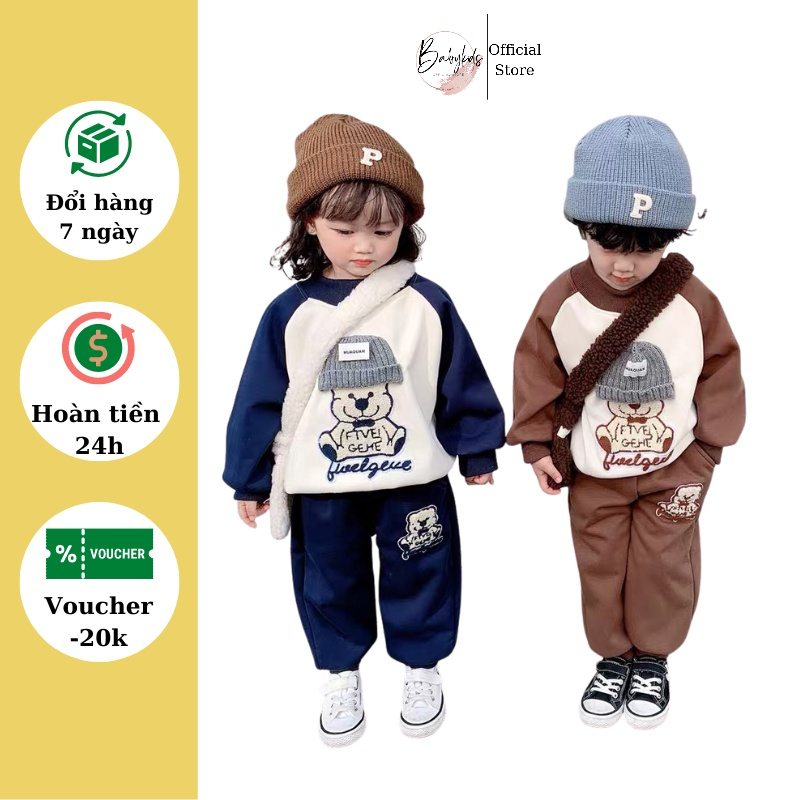 Bộ Nỉ Bông Cho Bé Trai, Bé Gái Cao Cấp Loại 1 BABYKIDS BB21 (8-19kg) Bộ Quần Áo Nỉ Bông Thu Đông Con Gấu Cho Bé