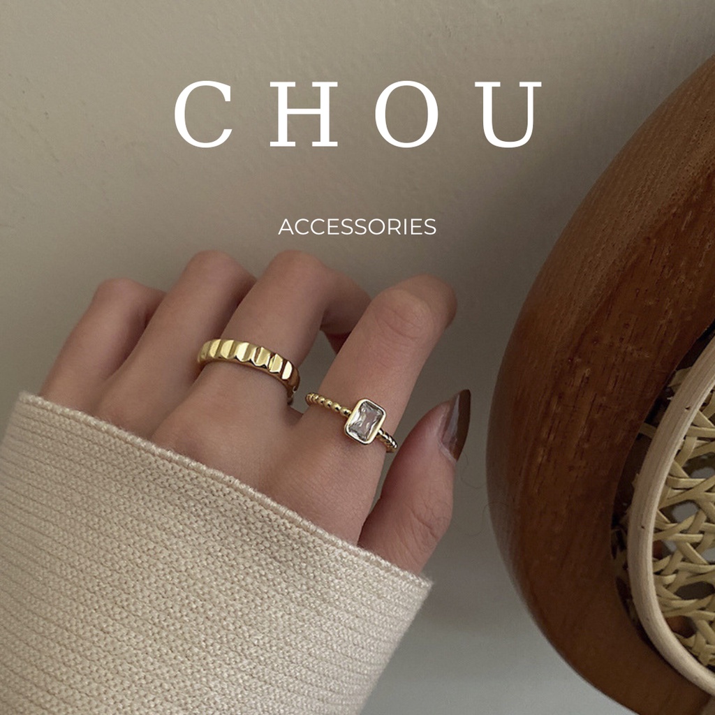 Set 2 Nhẫn Đính Đá Vuông | CHOU ACCESSORIES |