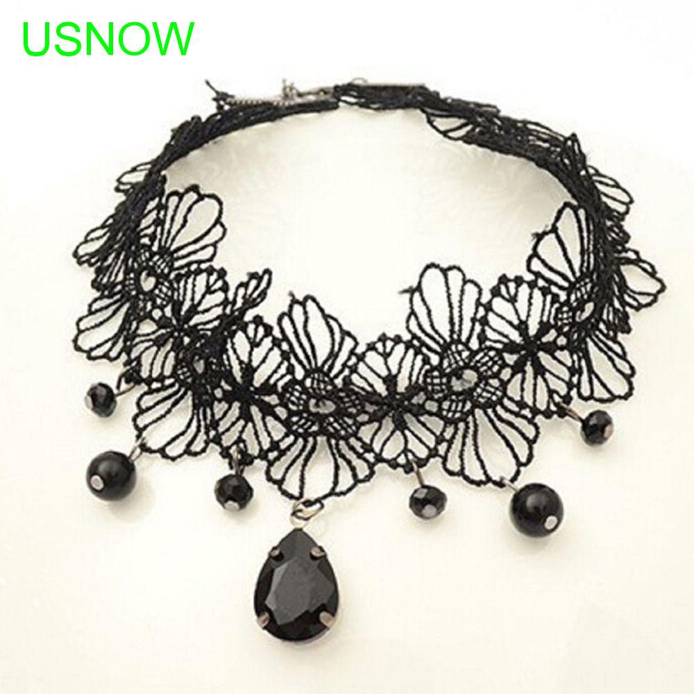 Black Flower Gothic Steampunk Black Tassel Women Jewelry Necklace