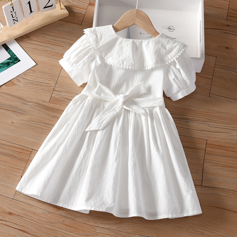 Đầm Công Chúa Màu Trắng Cổ Búp Bê Đính Nơ Xinh Xắn Cho Bé Gái