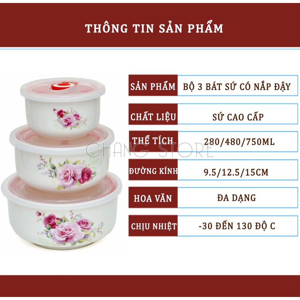 Bộ 3 Bát Sứ Có Nắp Hút Chân Không Kín, An Toàn, Cao Cấp