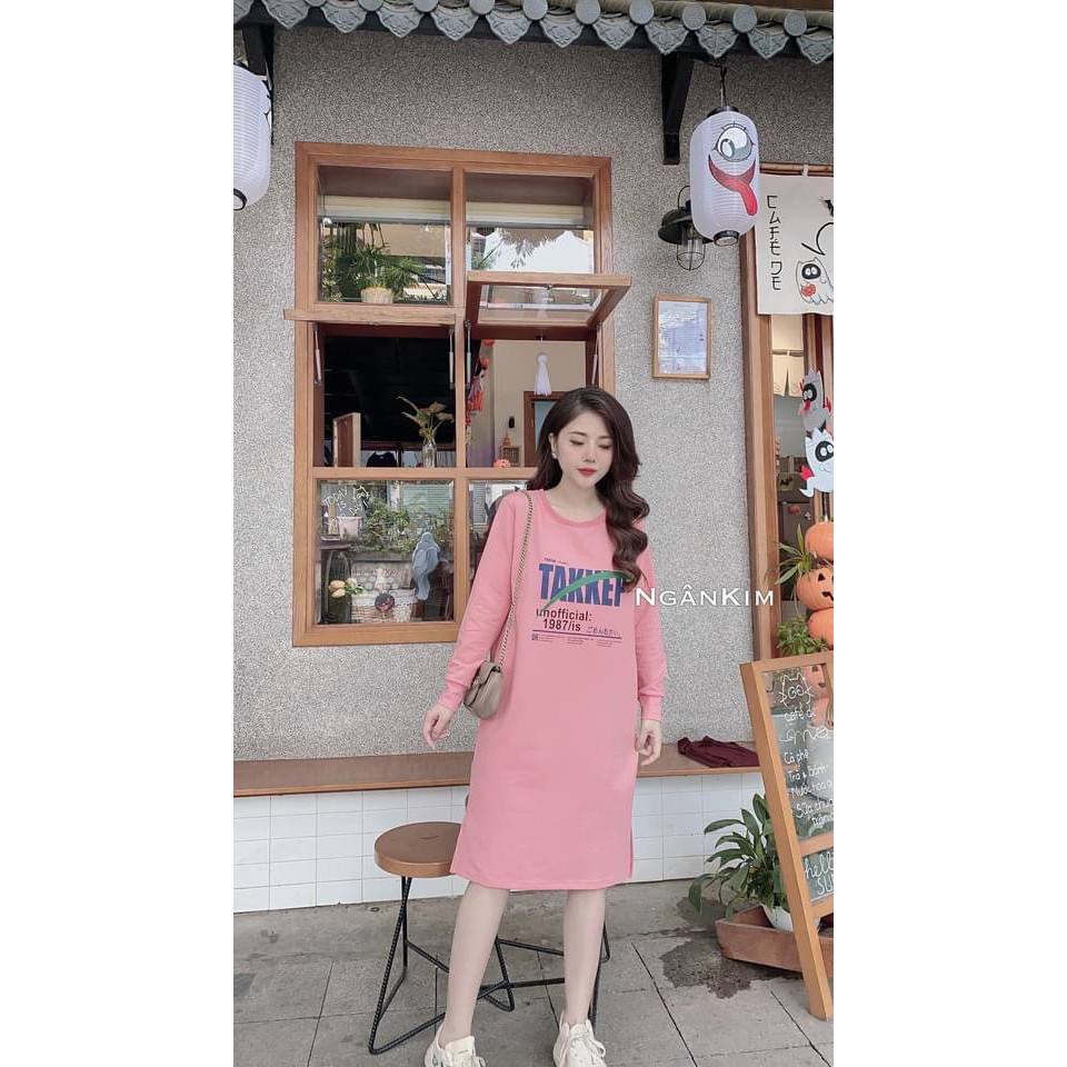 Váy suông nữ dài tay in chữ Tekkep xẻ tà xinh xắn | BigBuy360 - bigbuy360.vn