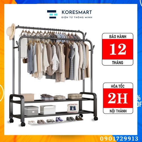 Kệ giá treo quần áo, kệ treo đồ kết hợp hai tầng để đồ tiện dụng, thiết kế khung kim loại chắc chắn