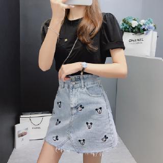 Chân Váy Denim Lưng Cao Thêu Họa Tiết Hoạt Hình Xinh Xắn Dành Cho Nữ