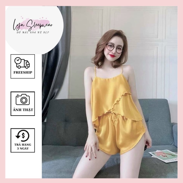 Đồ ngủ sexy áo 2 dây vạt xéo và quần ngắn, chất lụa Satin đẹp, ít nhăn, mát, kiểu dáng gợi cảm, trẻ trung cho phái nữ