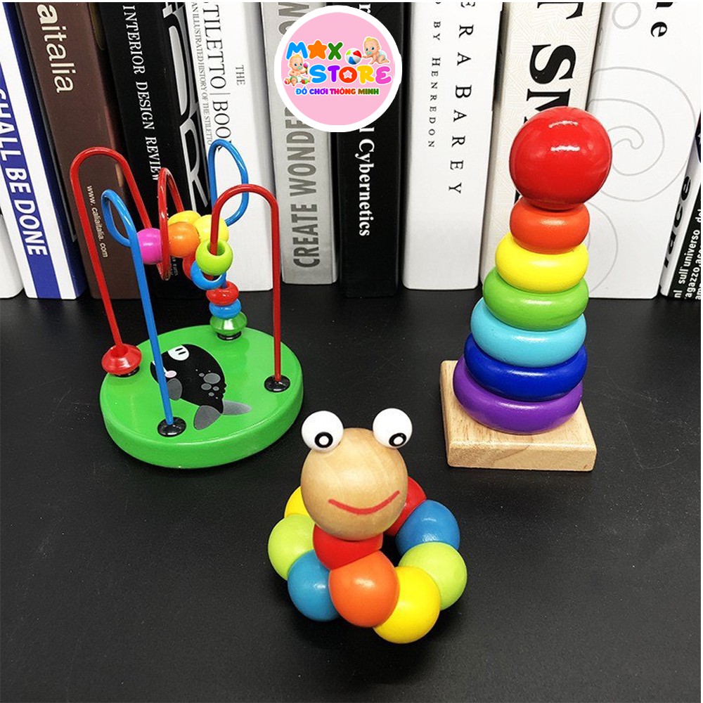 Combo 3 Món Đồ Chơi Gỗ Phát Triển Trí Tuệ Cho Bé ( Tháp Xếp Chồng + Sâu Gỗ + Mê Cung Luồn Hạt)