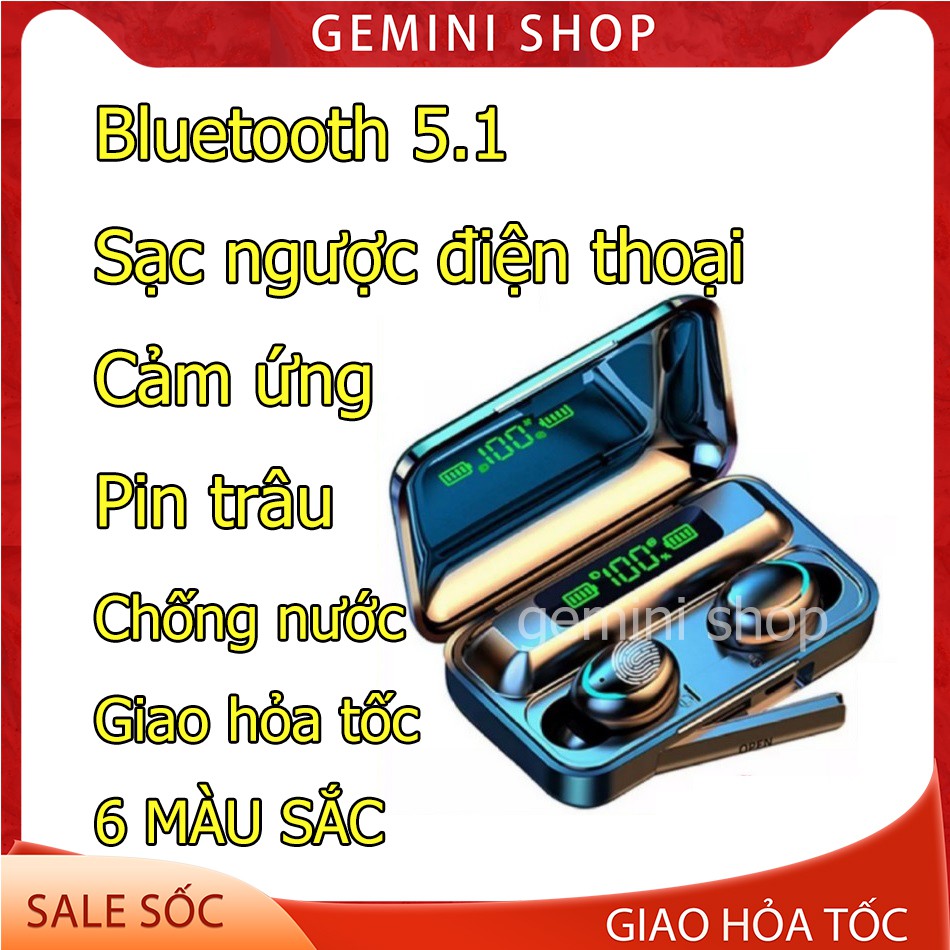 Tai Nghe Bluetooth 5.0 F9 Pro True Wireless TWS bản Quốc tế mã F96 kháng Nước Chống ồn có Micro Tự Động Kết Nối 8D