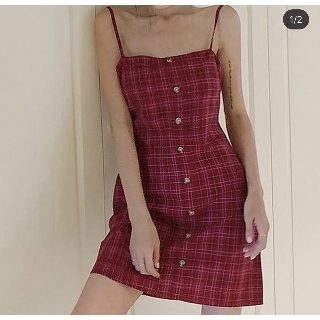 Đầm/ váy kẻ đỏ thắt nơ sau