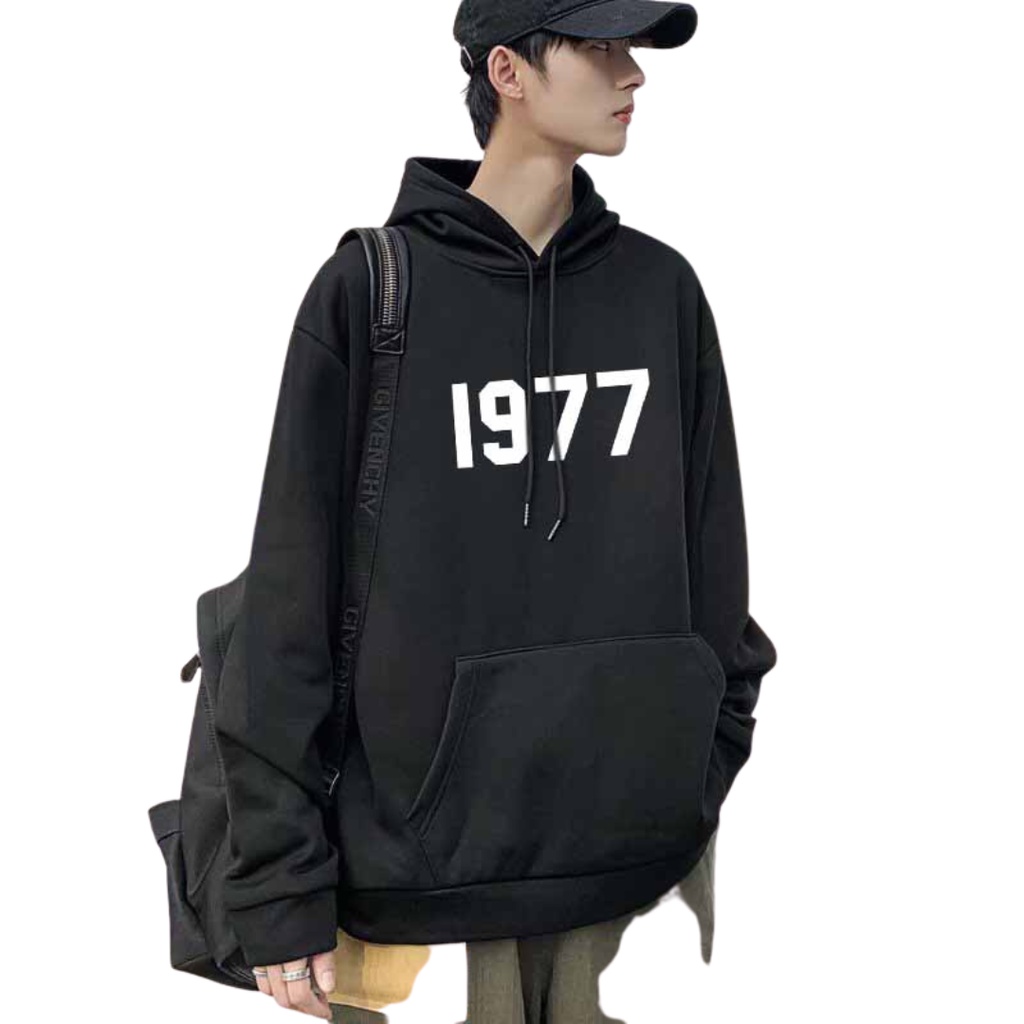 Áo Hoodie chân cua In số 1977 unisex dành cho nam và nữ có mũ form rộng BASIC - Đen Xám Trắng Kem