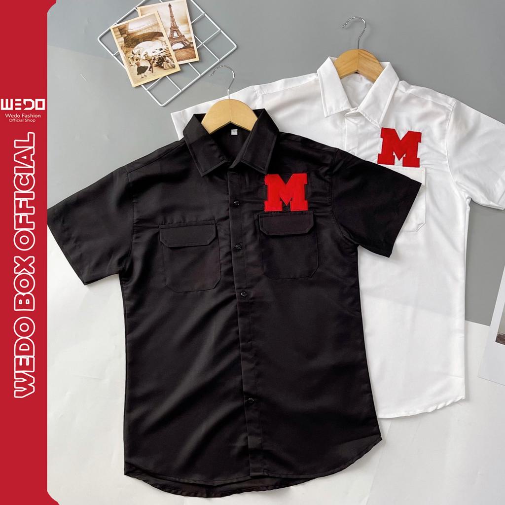 Áo Sơ Mi Nam Tay Ngắn Vải Đũi Túi Hộp Logo In Nổi Chữ M Chuẩn Form Lịch Sự Sang Trọng - SM 363 TUI HOP LOGO CHU M