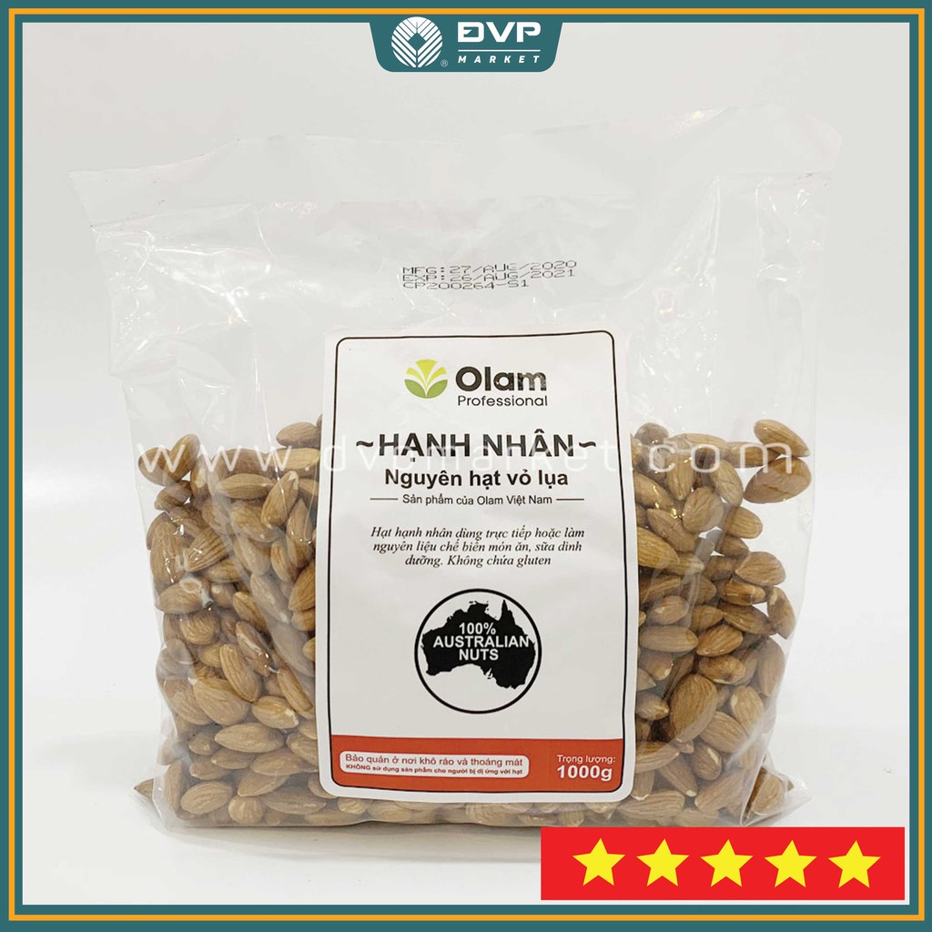 Hạnh nhân nguyên hạt vỏ lụa mỏng Olam 1kg - Không chất bảo quản, Nhập khẩu từ Úc