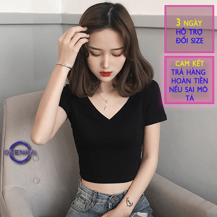 Áo croptop cổ chữ v dáng ôm  ozenka , áo kiểu crt tay ngắn sexy nữ đen trắng vải thun gân 100% cotton CRTV 258