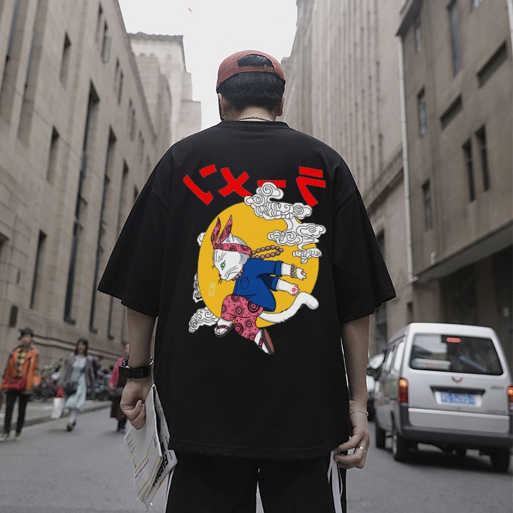 Áo thun tay lỡ ULZZANG cotton dáng unisex, áo form rộng in hình mèo bay | BigBuy360 - bigbuy360.vn