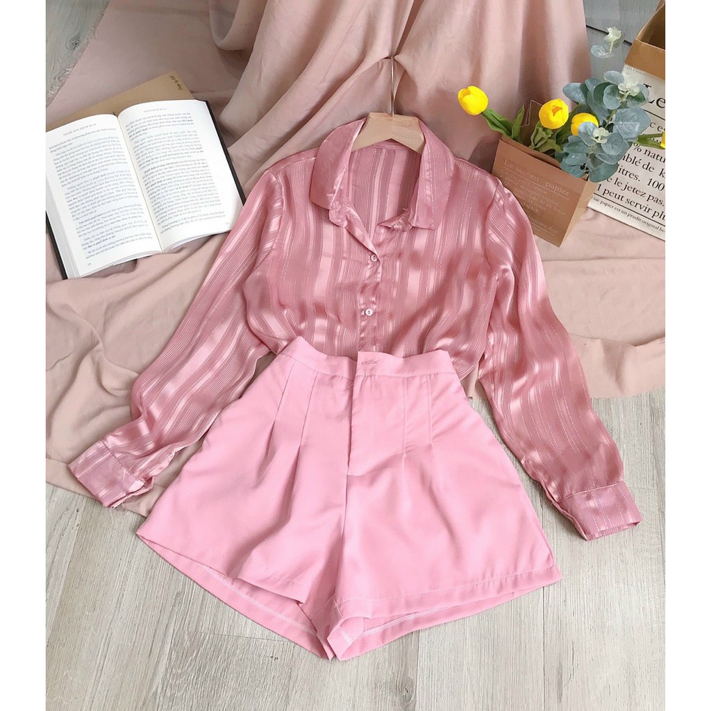 Set áo sơ mi lụa và quần shorts lưng thun siêu kute