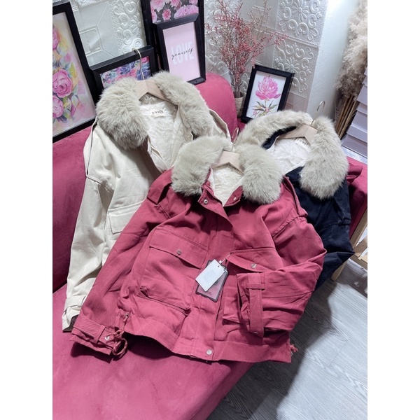 Áo khoác kaki lót lông túi hộp cổ lông