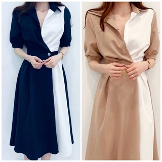 Đầm váy cổ sơ mi phối trắng form dài (kèm hình thật)