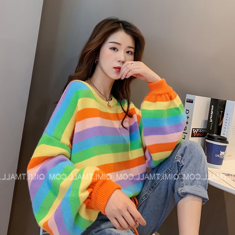 Áo Sweater Dệt Kim Mỏng Dáng Rộng Kẻ Sọc Cầu Vồng Phong Cách Nhật Bản Cổ Điển Thời Trang Cho Nữ