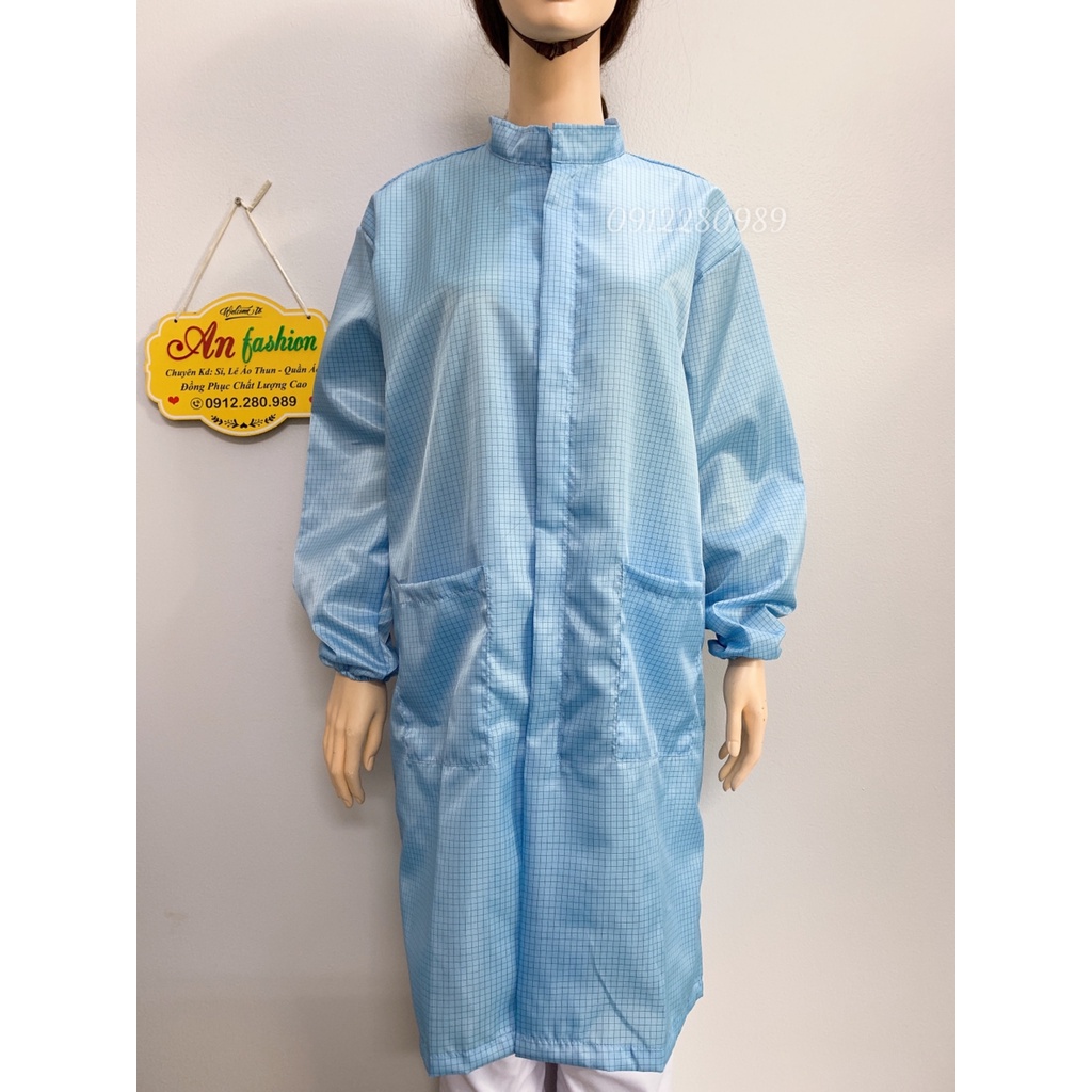 Áo phòng sạch dáng dài vải chống tĩnh điện màu xanh - Áo blouse phòng sạch _ Hình chụp thật