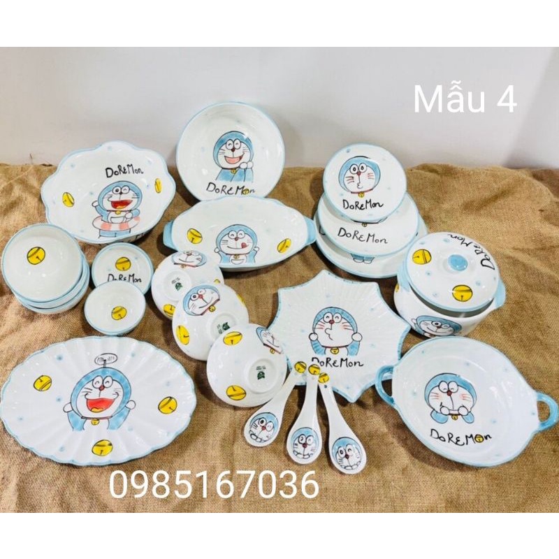 Bộ bát đĩa hình chú mèo máy Doremon siêu cute.Hàng sứ Bát Tràng.