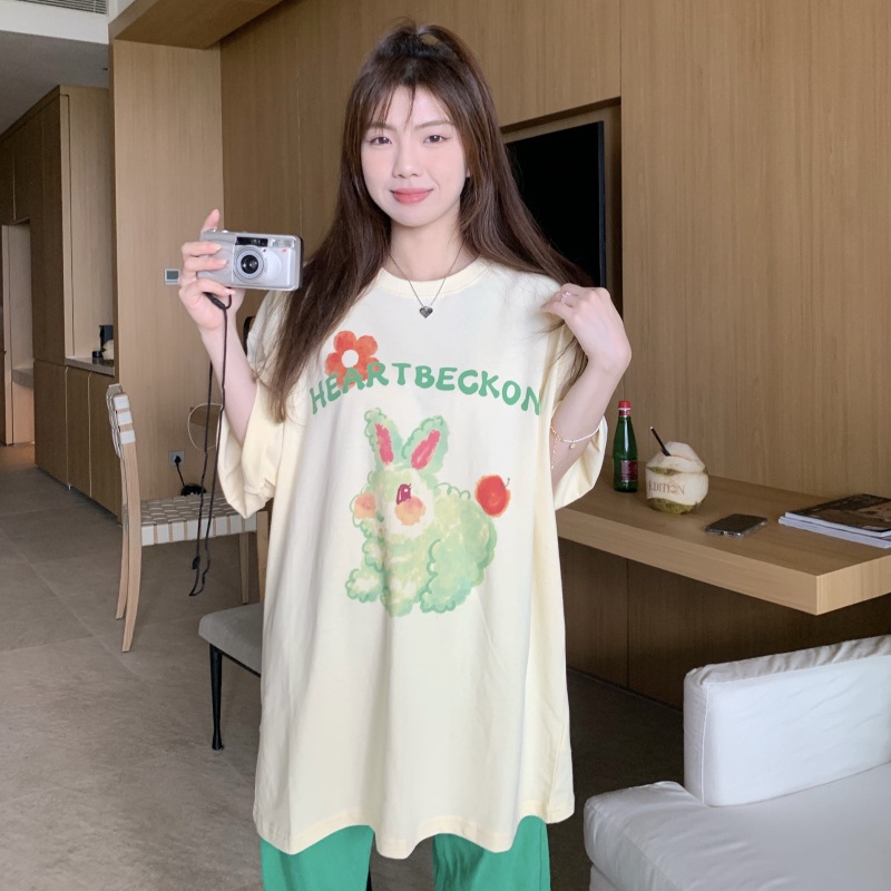 Áo thun SUXI tay ngắn dáng rộng in họa tiết chữ hoạt hình phong cách Hàn Quốc thời trang mùa hè cho nữ