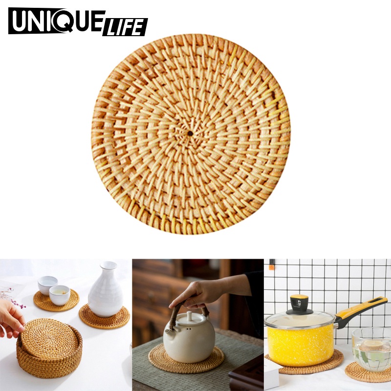 Tấm Lót Bàn Ăn Bằng Mây Đan Hình Tròn Cách Nhiệt 8cm Yoyoyo01