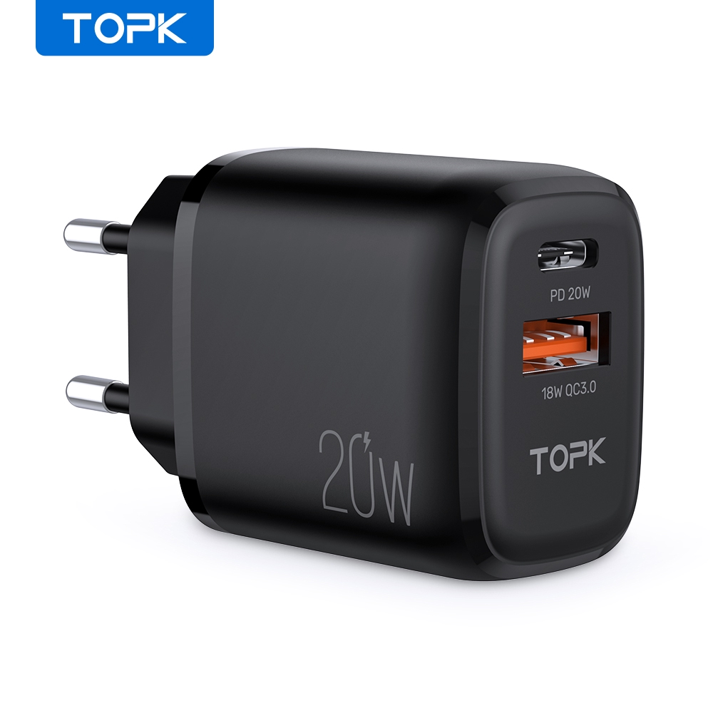 Cốc sạc TOPK B210P Mini 20W PD3.0 QC3.0 2 cổng