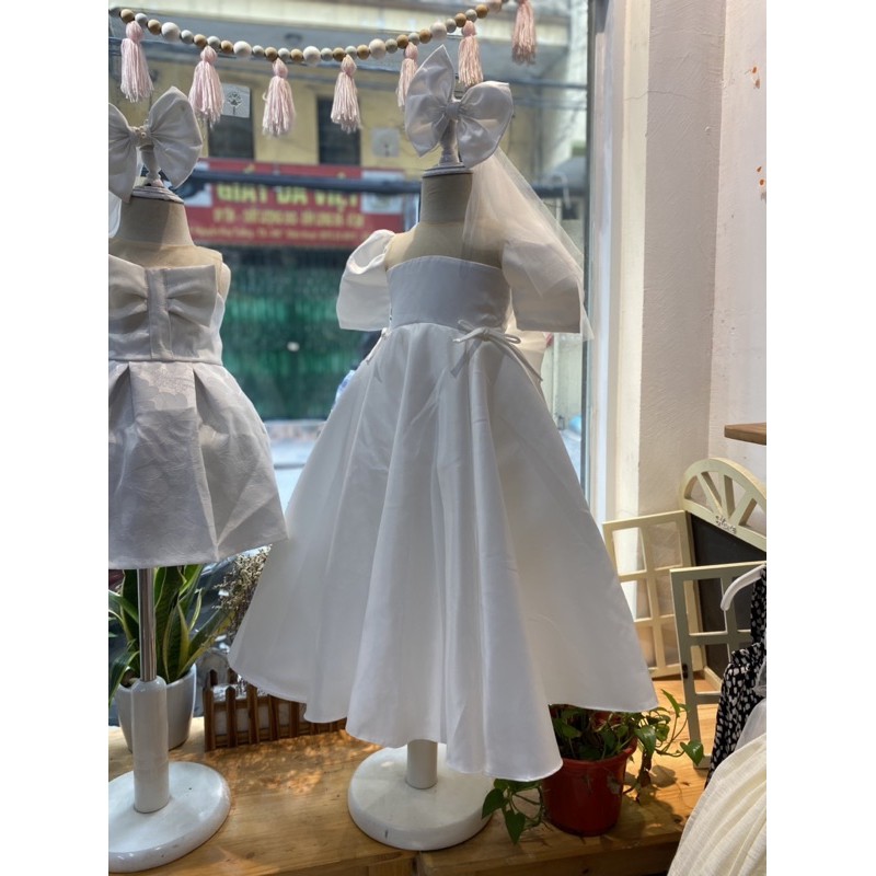 Váy cô dâu thiết kế cao cấp cho bé gái, kèm nơ và voan cài đầu