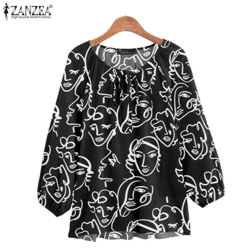 Áo Kiểu ZANZEA Tay Lửng 3/4 Cổ Tròn Cột Dây In Họa Tiết Mặt Cho Nữ