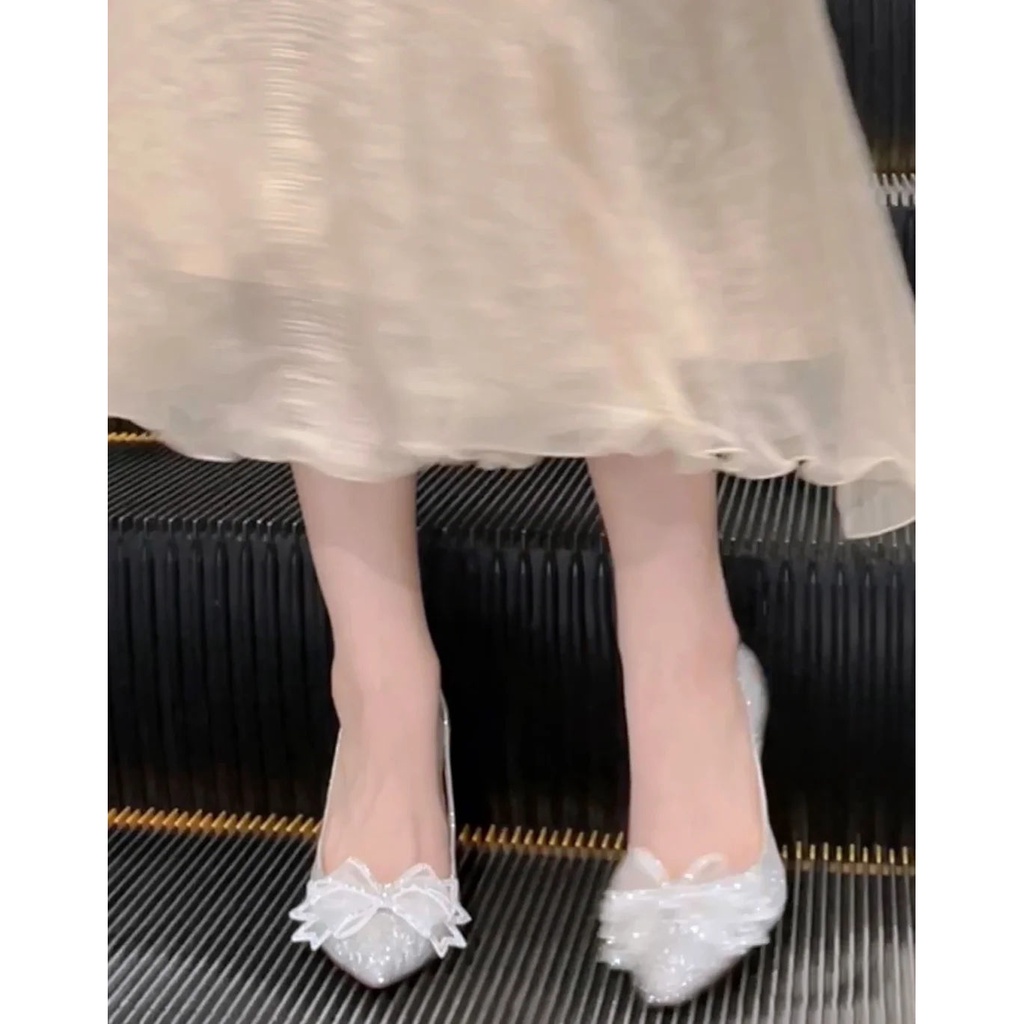 Giày Cao Gót Mũi Nhọn Màu Bạc / Vàng Đính Nơ Phong Cách Pháp Cho Phù Dâu