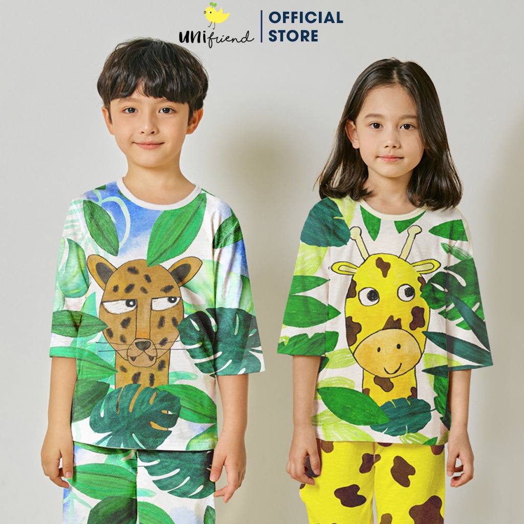 Đồ bộ quần áo thun cotton lửng tay cho bé trai và bé gái mặc nhà mùa hè chính hãng Unifriend Hàn Quốc U2022-4